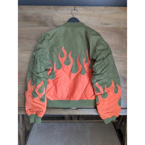 Teddy Fresh Flames Bomber Jacket Womens Medium Green Water Resistant Zip-Up NWT - Picture 2 of 5